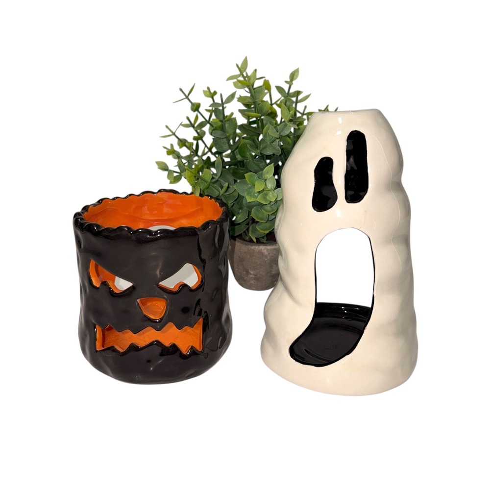 Halloween Ceramic Candle Holder Set Black Jack O Lantern and White Ghost 2pc